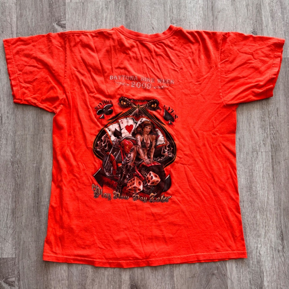 Daytona Bike Week 2009 pin up Graphic T-Shirt Orange Mens Large Biker Tee